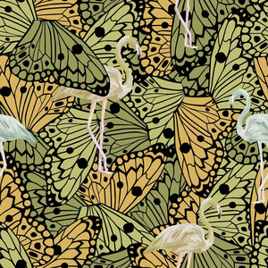 蝴蝶翅膀和抽象颜色热带鸟类火烈鸟无缝矢量图案。 时尚时尚壁纸