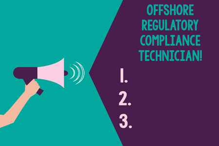 书写说明, 显示离岸法规合规性技术员。商业照片展示石油和天然气工业工程胡分析手与扩音器音效图标文本空间