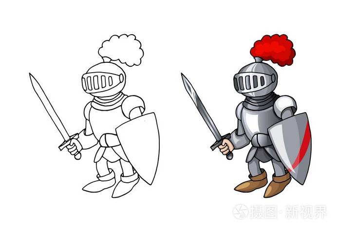 动画片中世纪骑士与盾牌和剑, 被隔绝在白色背景