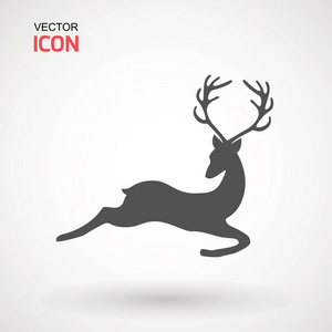 鹿运行剪影Reinder图标设计圣诞卡横幅和传单矢量插图隔离在白色背景。 标志模板。 麋鹿标志型。 打猎
