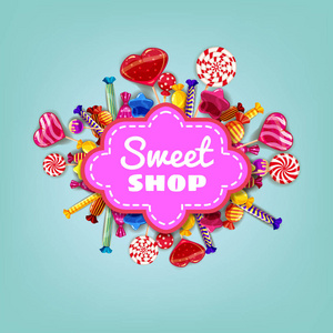 甜品店糖果模板集不同颜色的糖果, 糖果, 糖果, 巧克力糖果, 果冻豆。背景, 海报, 横幅, 向量, 隔离, 卡通风格