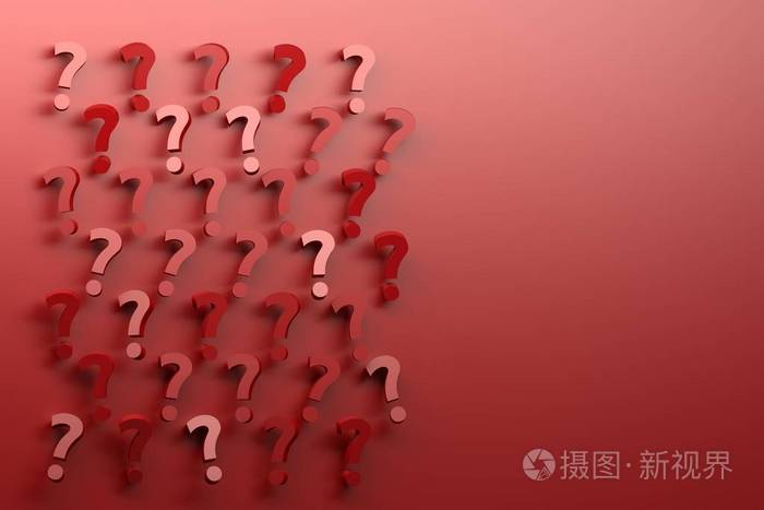 红色背景上随机排列的红色问号很多图像与复制空白三维插图