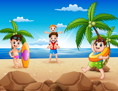 一家人在沙滩上玩的卡通图片