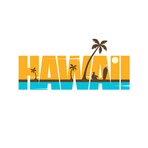 热带岛屿和刻字夏威夷矢量插图，暑假概念