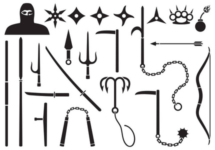 忍者武器图标设置(shuriken星,双节棍,日本武士刀片假名,弓箭,抓钩,扔