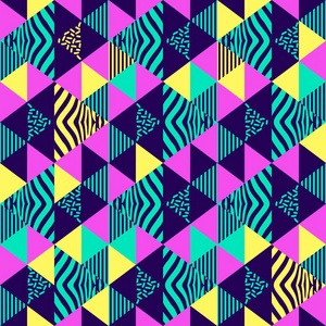 时尚彩色三角形几何抽象孟菲斯多色无缝图案矢量插图90年代风格背景时尚纺织品印刷和包装。