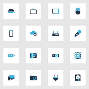 电子图标设置与相机, 智能手机, hdd 和其他麦克风元素。被隔绝的向量例证电子图标