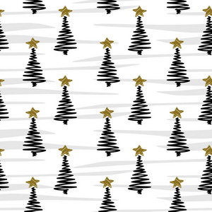 手绘圣诞树无缝图案与金星和黑色墨水绘制在白色背景。 矢量插图准备壁纸和时尚打印。