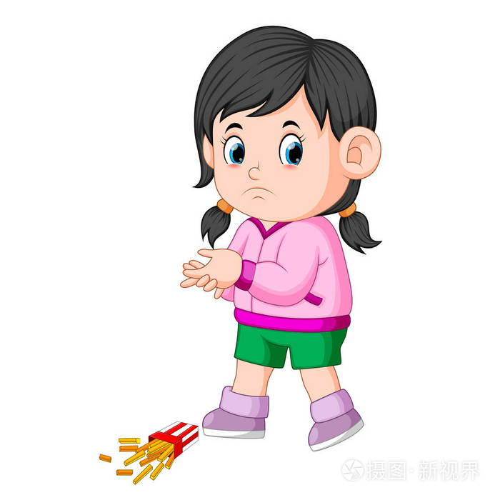 一个女孩带着土豆薯条掉在地上