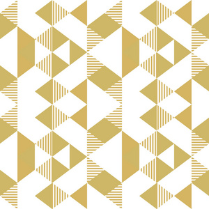具有金色的几何三角形无缝图案矢量。 黄金豪华孟菲斯90年代抽象背景矢量插图。