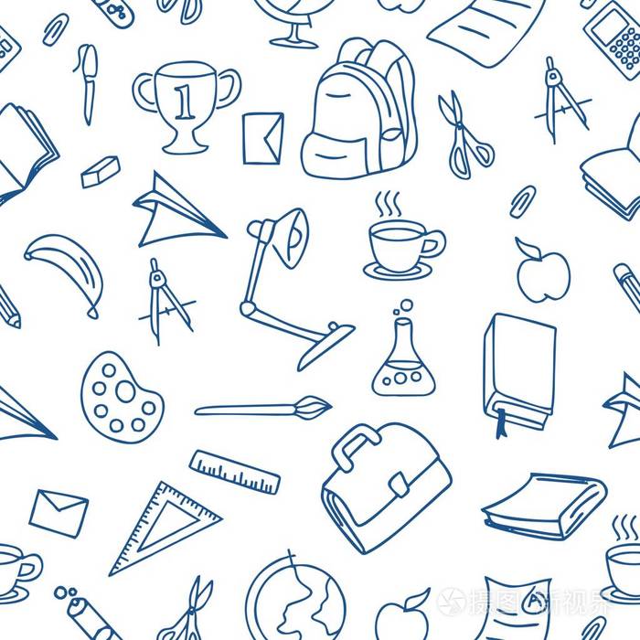 涂鸦学校物体无缝图案矢量插图与书灯,咖啡,化学笔,尺袋,苹果等.