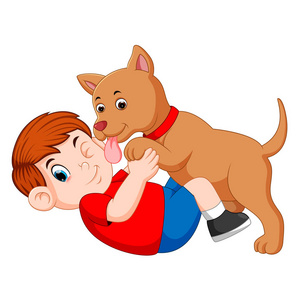 男孩在玩狗和狗，的主人的脸