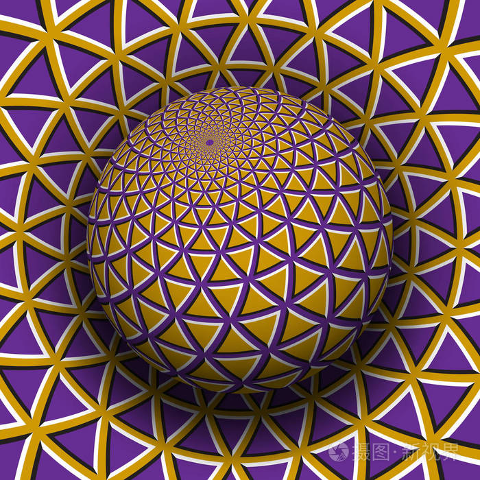 光学错觉矢量插图. 黄色紫色三角形图案球体高耸在同一表面之上.