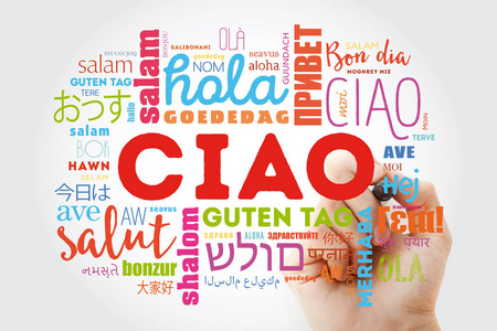 标记语言ciao(用意大利语打招呼)世界不同语言的单词云,有标记背景