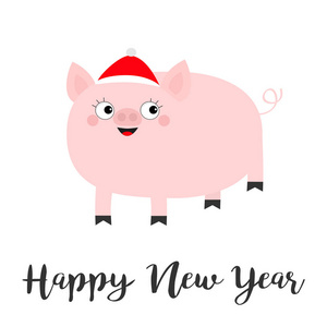 戴着圣诞老人红帽子的小猪。 新年快乐。 可爱的卡通有趣的婴儿角色。 猪猪母猪动物。 中国象征2019年新年。 十二宫星座。 平面