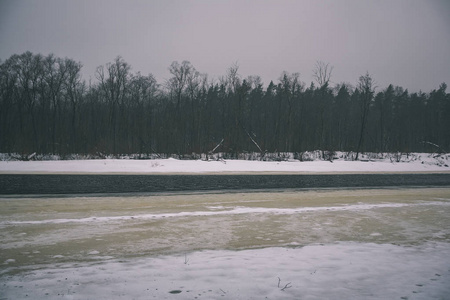 冬天的野生森林，傍晚时分有很高的积雪，日落之前，复古的外观