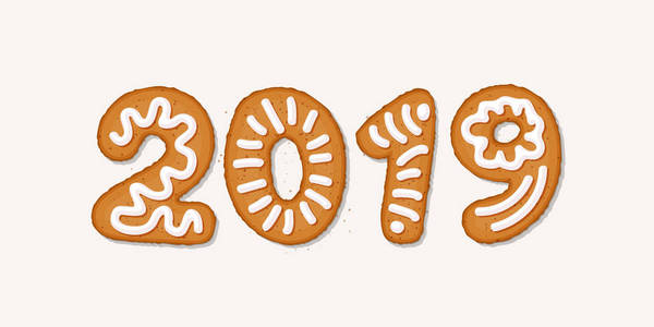 快乐的2019年新年概念姜饼饼干, 覆盖在冰糖糖浆, 隔离在白色。圣诞节假期饼干字母, 卡通矢量插图。姜饼新年和圣诞饼干
