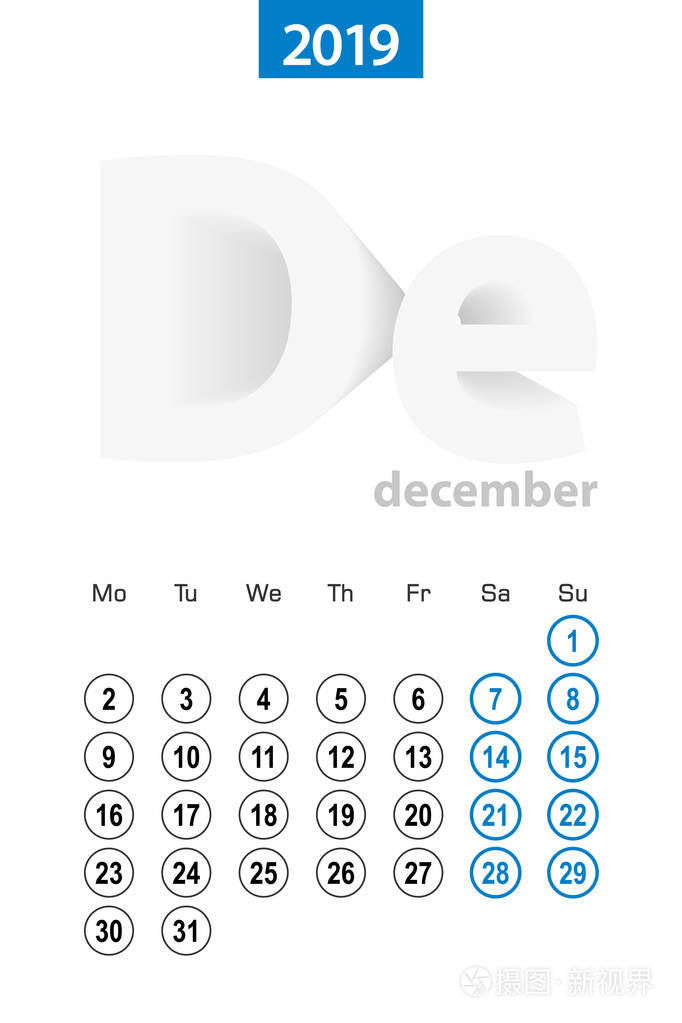 日历2019年12月蓝色圆圈设计英语周从星期一开始