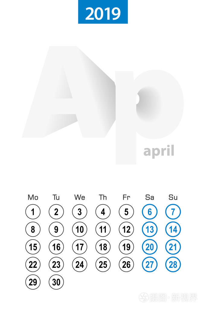 日历为2019年4月蓝色圆圈设计. 英语周从星期一开始.