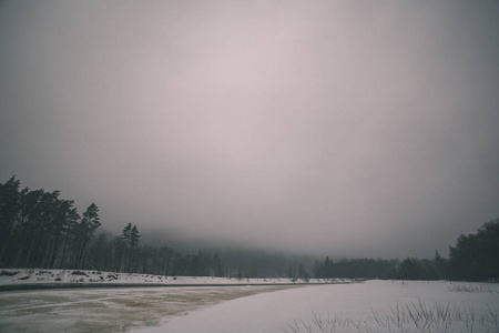 冬天的野生森林，傍晚时分有很高的积雪，日落之前，复古的外观