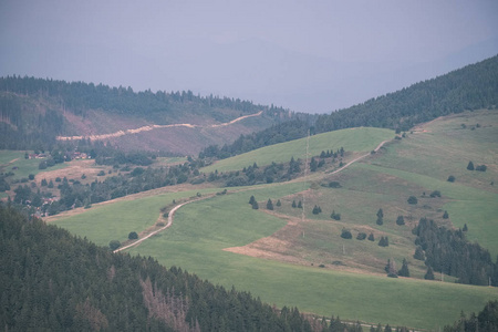 乡村砾石路上的绿色草地，通往山脉的斯洛伐克，复古的外观