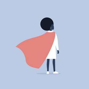 超级英雄概念插图。年轻的黑人女性角色穿着超级英雄斗篷平面可编辑矢量插图，剪辑艺术