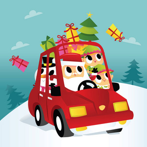 一个卡通矢量插图，一个超级可爱的圣诞老人与他的精灵和雪人朋友在汽车旅行与礼物飞出汽车。