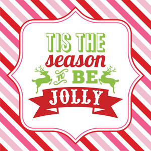 一个矢量插图的圣诞词艺术与季节是愉快的说词短语在一个花哨的框架与彩色圣诞主题粉红色和红色条纹背景。
