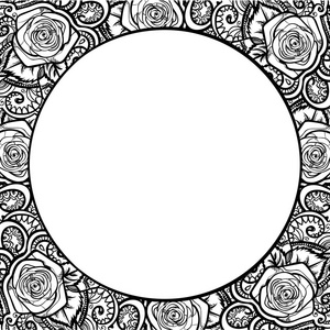 手绘玫瑰涂鸦画框民族轮廓线艺术轮廓隔离在白色准备使用矢量插图