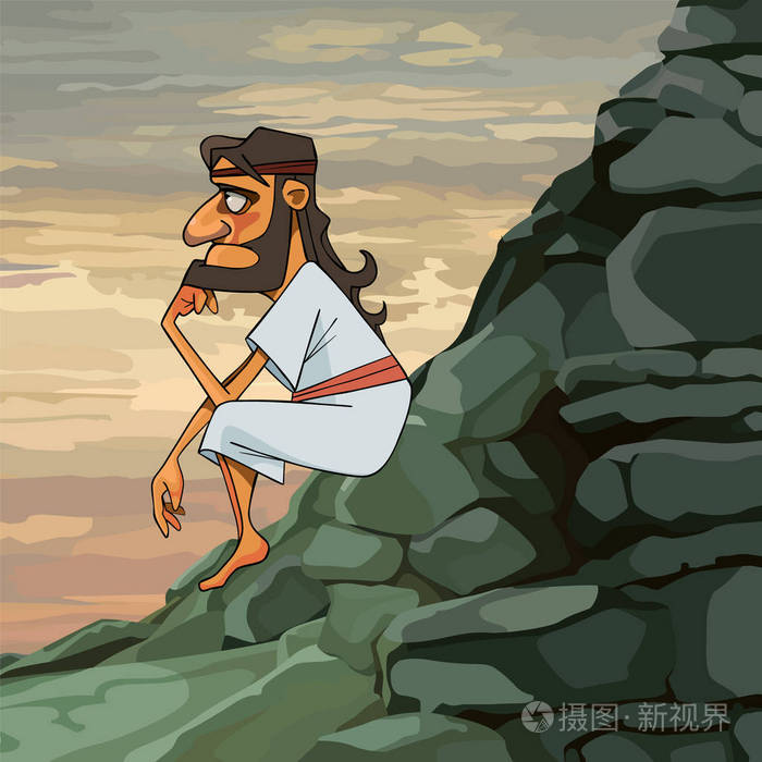 穿着希腊服装的卡通人物坐在山腰上