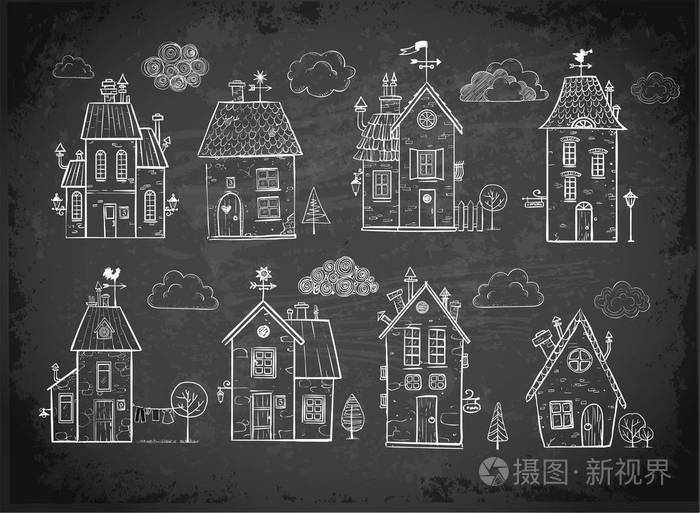 黑板背景上可爱的涂鸦房子矢量插图