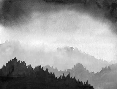 水墨雾雾和乌云中的森林山谷. 日本传统水墨画苏姆e矢量照片