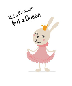 女王玩卡穿着粉红色裙子的可爱的兔子女王. 矢量平面卡通动物插图照片