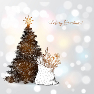 s sack full of gifts. Christmas card on white glowing background