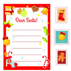 给圣诞老人的圣诞信。 装饰信空白和邮政邮票。 新年假期工具包儿童季节性剪贴簿