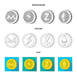 cryptocurrency 和硬币符号的矢量设计。cryptocurrency 和加密股票矢量图集