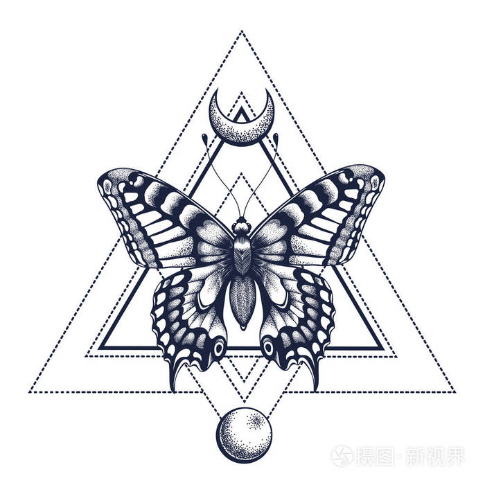 半月半月的几何蝴蝶.纹身设计.灵魂,不朽,复活的神秘象征