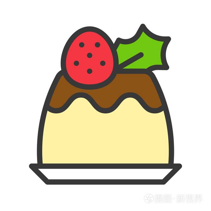 草莓布丁图标与槲寄生圣诞食品设置可编辑线