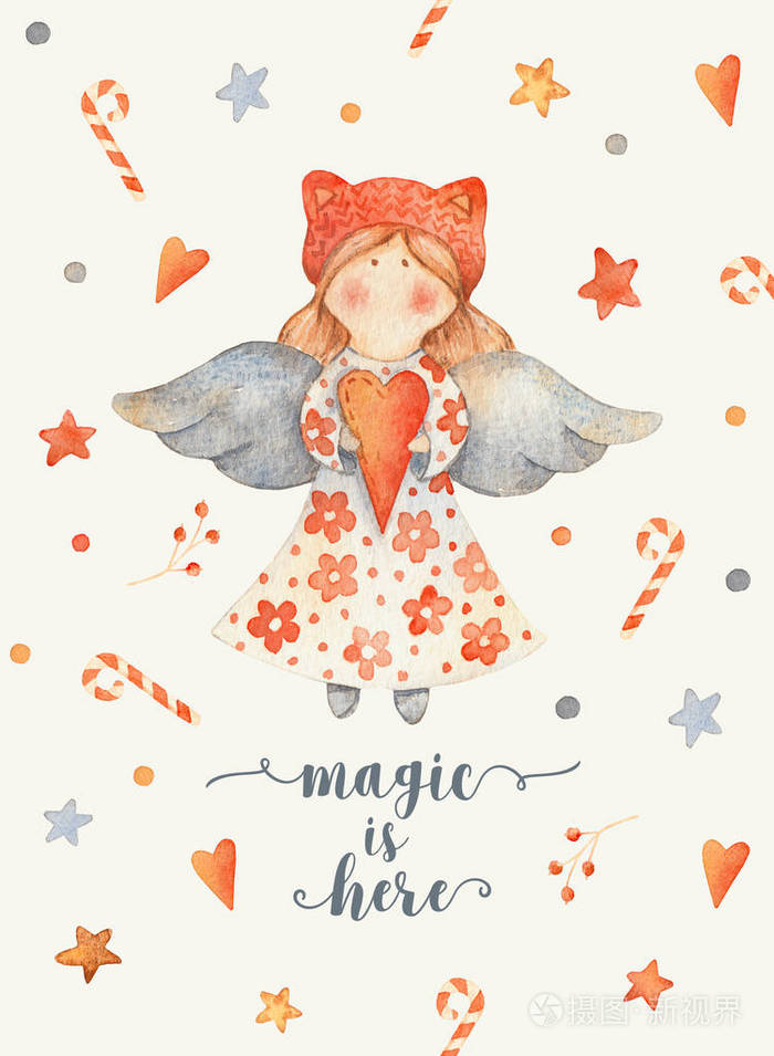 圣诞贺卡与可爱的卡通人物天使与红色的心和针织帽子.