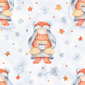 圣诞节无缝补丁与可爱的卡通人物小女孩WuthCuo的茶。 带有斯堪的纳维亚文字星星和雪花的冬季包装纸