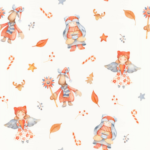 圣诞无缝拍与可爱的卡通人物圣诞驼鹿侏儒小女孩和天使。 冬季包装纸与斯堪的纳维亚装饰上的纸张纹理