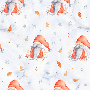 圣诞无缝补丁与可爱的卡通人物圣诞侏儒长胡子和红色帽子。 带有斯堪的纳维亚文字的冬季包装纸，雪花和花卉装饰
