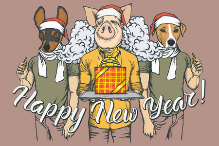 新年矢量概念猪和两只狗. 多斯和猪在人体上庆祝新年的插图. 斗狗照片