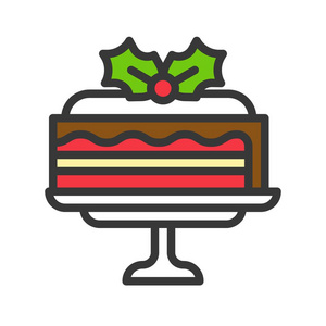 圣诞分层蛋糕图标装饰与槲寄生。 可编辑大纲