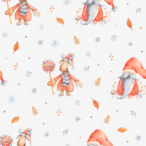 圣诞无缝拍与可爱的卡通人物圣诞驼鹿和侏儒长胡子和红色帽子。 冬季包装纸与斯堪的纳维亚文字雪花纸的纹理