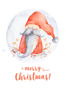 圣诞贺卡与可爱的卡通人物圣诞侏儒长胡子和红色尖头帽。 冬季邮差插图斯堪的纳维亚文字与花卉装饰。 圣诞快乐卡