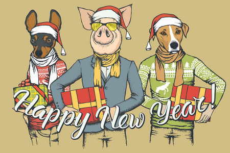 新年矢量概念猪和两只狗。 人体DoS和猪庆祝新年的插图