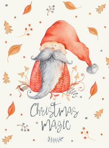 圣诞贺卡与可爱的卡通人物圣诞侏儒长胡子和红色尖头帽。 冬季邮差插图斯堪的纳维亚文字与花卉装饰。 圣诞节