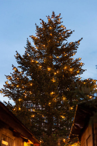 在德国南部出现的12月蓝小时的天空，市场上的圣诞树灯