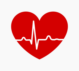 红色心脏与心电心跳节律线图图标。 矢量图。